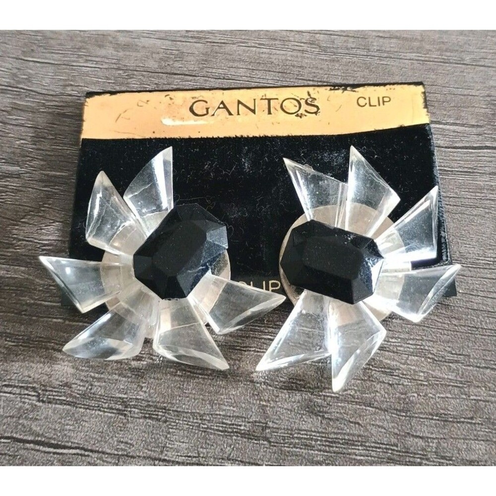 Gantos Lucite Abstract Black Clear Statement Vintage Clip Earrings Rare
